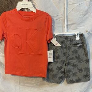 Calvin Klein Jeans Coral Embossed CK Tee with Gray Palm Print Shorts